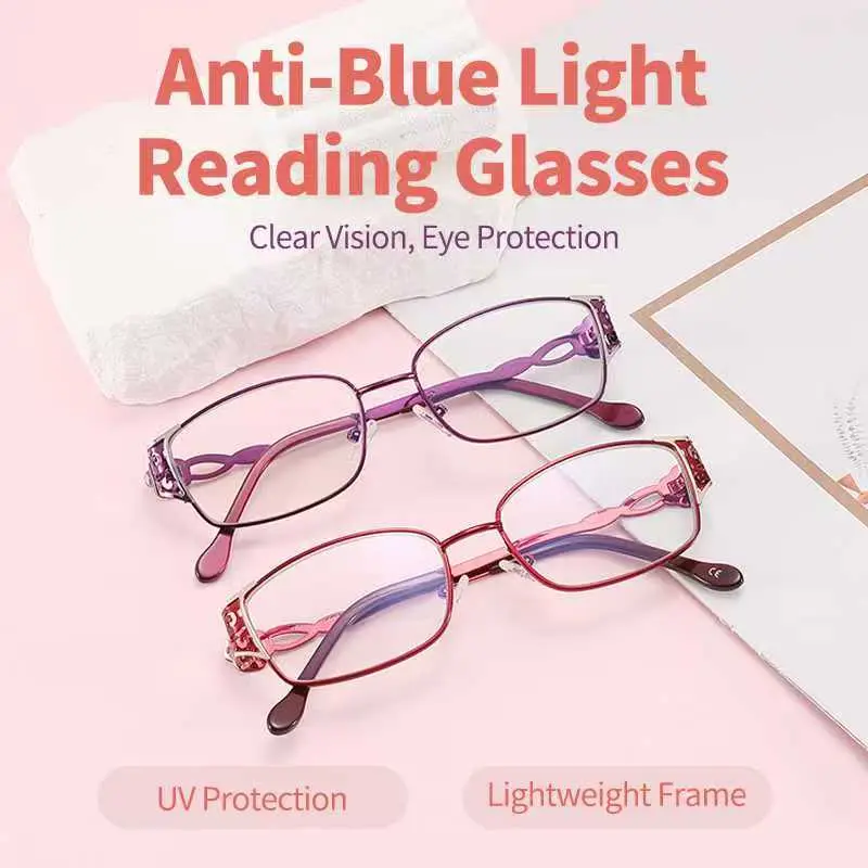 Women’s Exquisitely Engraved Blue Light Blocking Bifocal Reading Glasses - High-Definition Metal Frame for Middle-Aged Farsighted Users