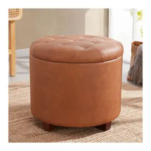 Ornavo Round Faux Leather Storage Ottoman withTufted Lid