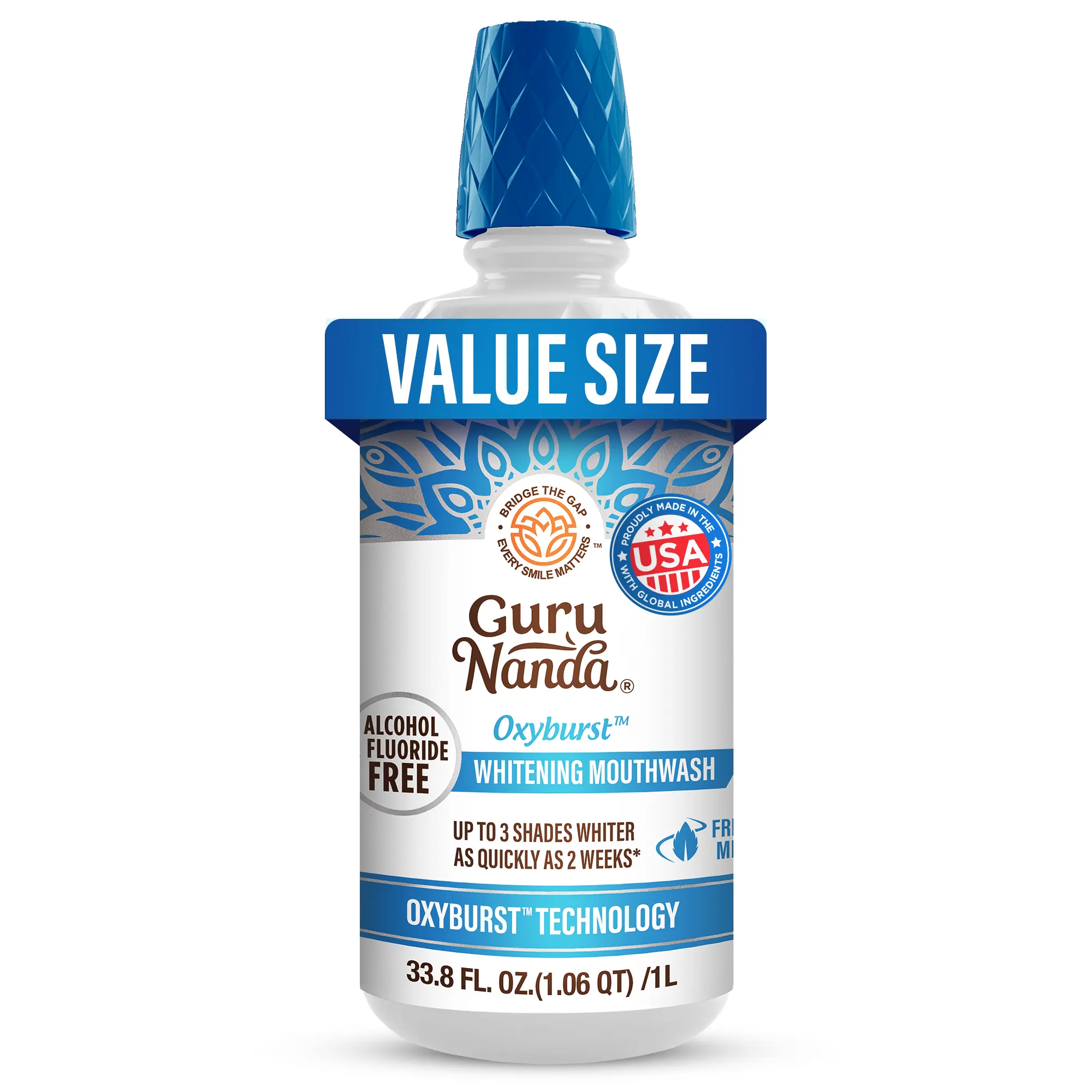GuruNanda Oxyburst Whitening Mouthwash – Alcohol & Fluoride Free, with Hydrogen Peroxide & 7 Essential Oils, Wild Mint, 1 Liter/33.8 fl oz