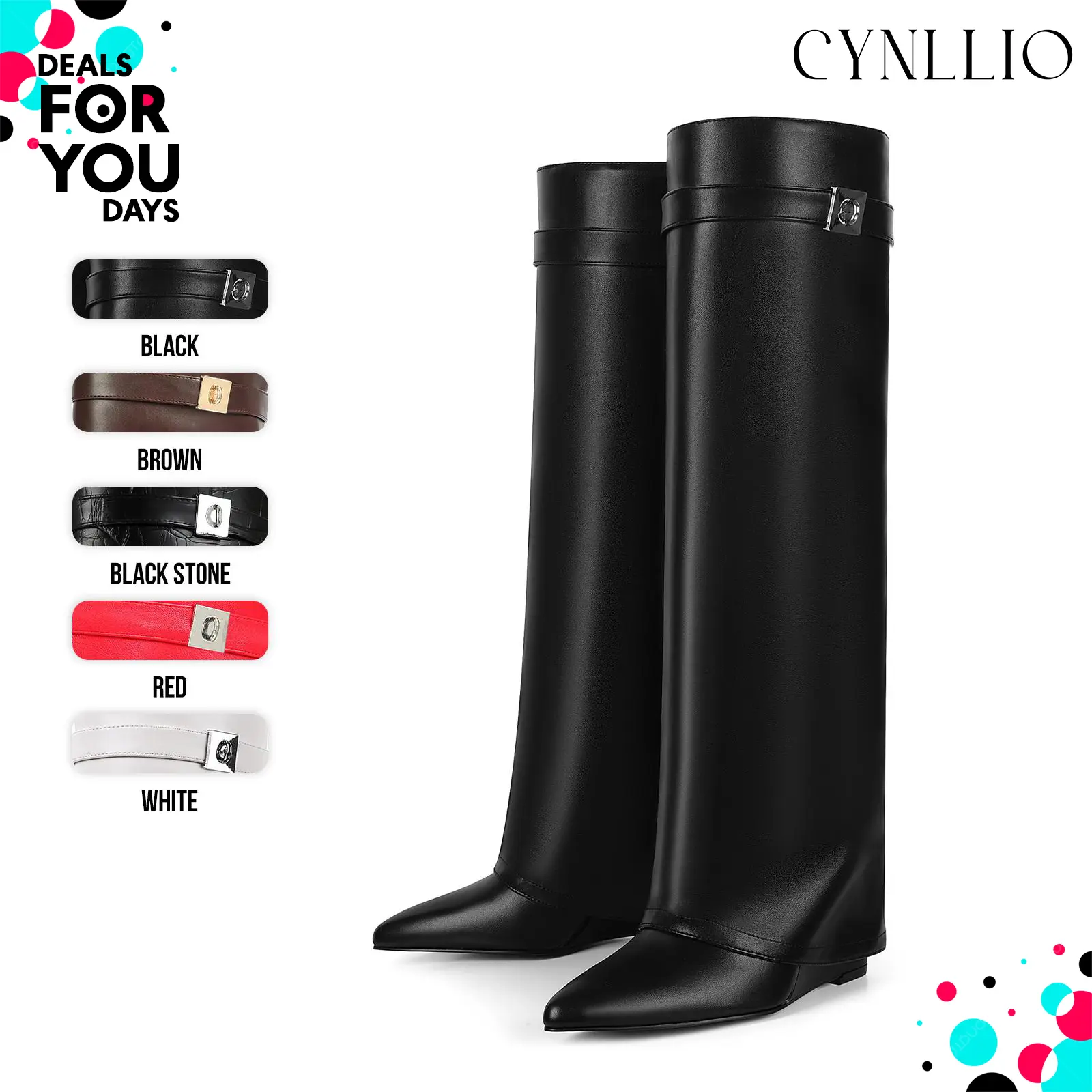 CYNLLIO Fold Over Knee High Boots for Women Wedge Heel Almond Toe Shark Boots Wide Calf Pull-on Side Zipper Comfy Dating Outing Dress Summer Fashion Boots