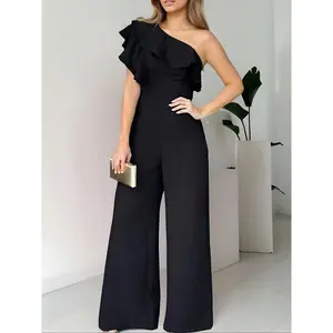 Women’s plain one-shoulder ruffle jumpsuit, elegant fashion casual jumpsuit for daily outdoor wear, women’s jumpsuits for summer