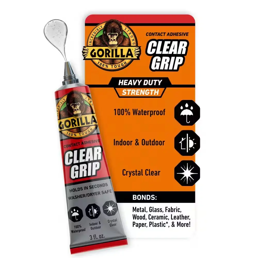 Gorilla Clear Grip Tube 3 oz Heavy Duty Waterproof Contact Adhesive for Metal Glass Fabric Wood & More Crystal Clear