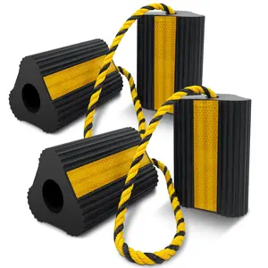 Wheel Chocks (2pair/4pack with Rope) for RV Trailer Camper   Aircraft, Versatile Heavy Duty Rubber Wheel Chocks Block with 3 Reflective Strips, Tire Wheel Immobilizers & Chocks