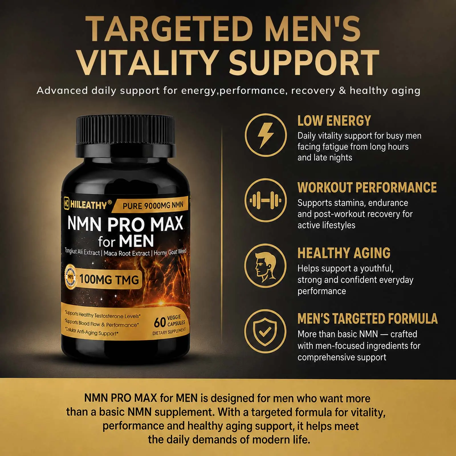 HIILEATHY NMN Pro Max Dietary Supplement with NMN, TMG, Zinc & Quercetin, Energy Metabolism & Antioxidant Support, 60 Veggie Capsules