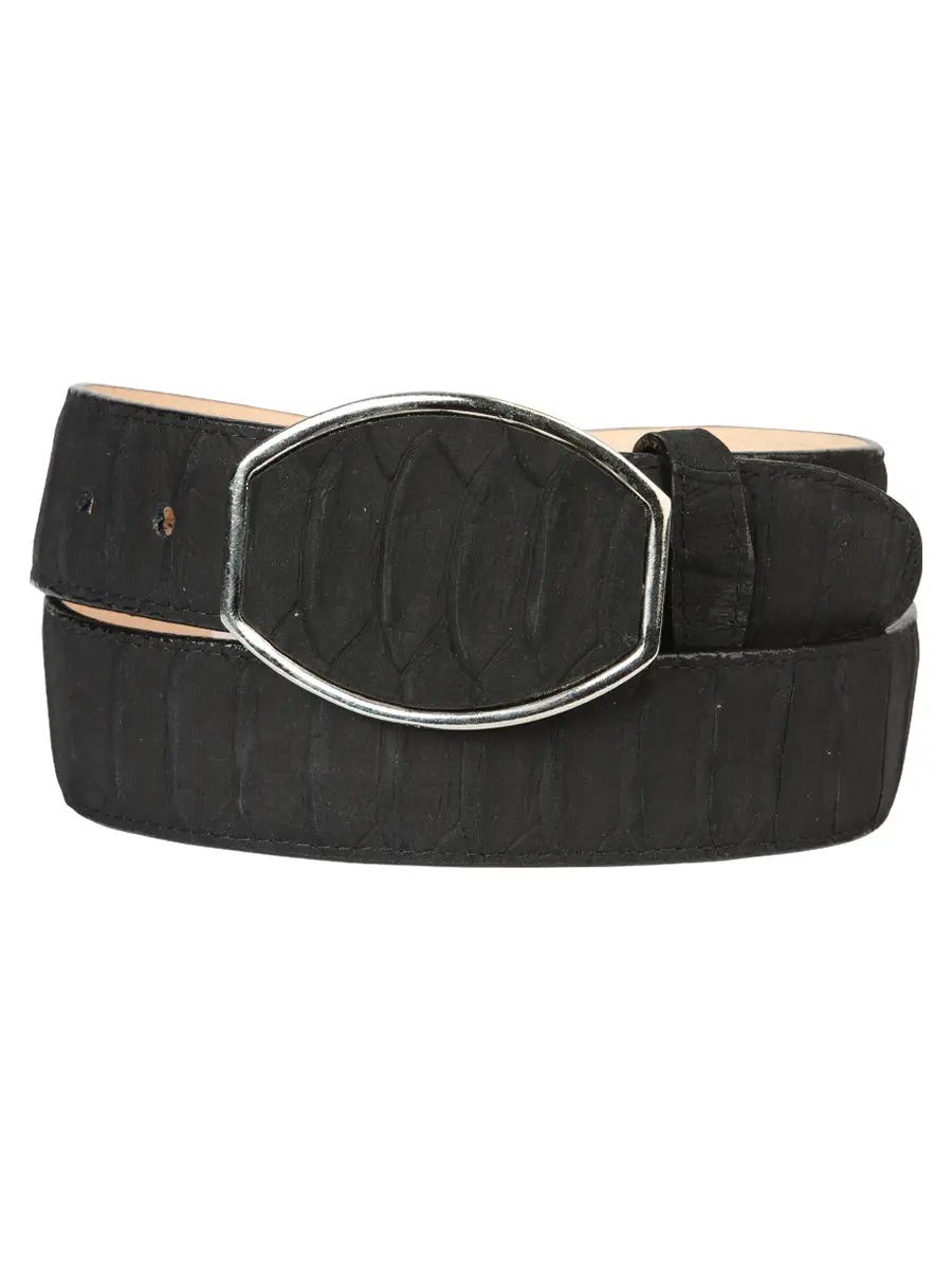 Artisan Western Style Men's Belt - Matte Black Python Print Leather with Hexagon Buckle, Inlay, Wide Strap, Edge Stitching, Scale Texture, Cowboy Look, Standard Sizes, Casual, Wide Strap Construction, Artisan Western Style Men's Belts, Hexagon Shape
