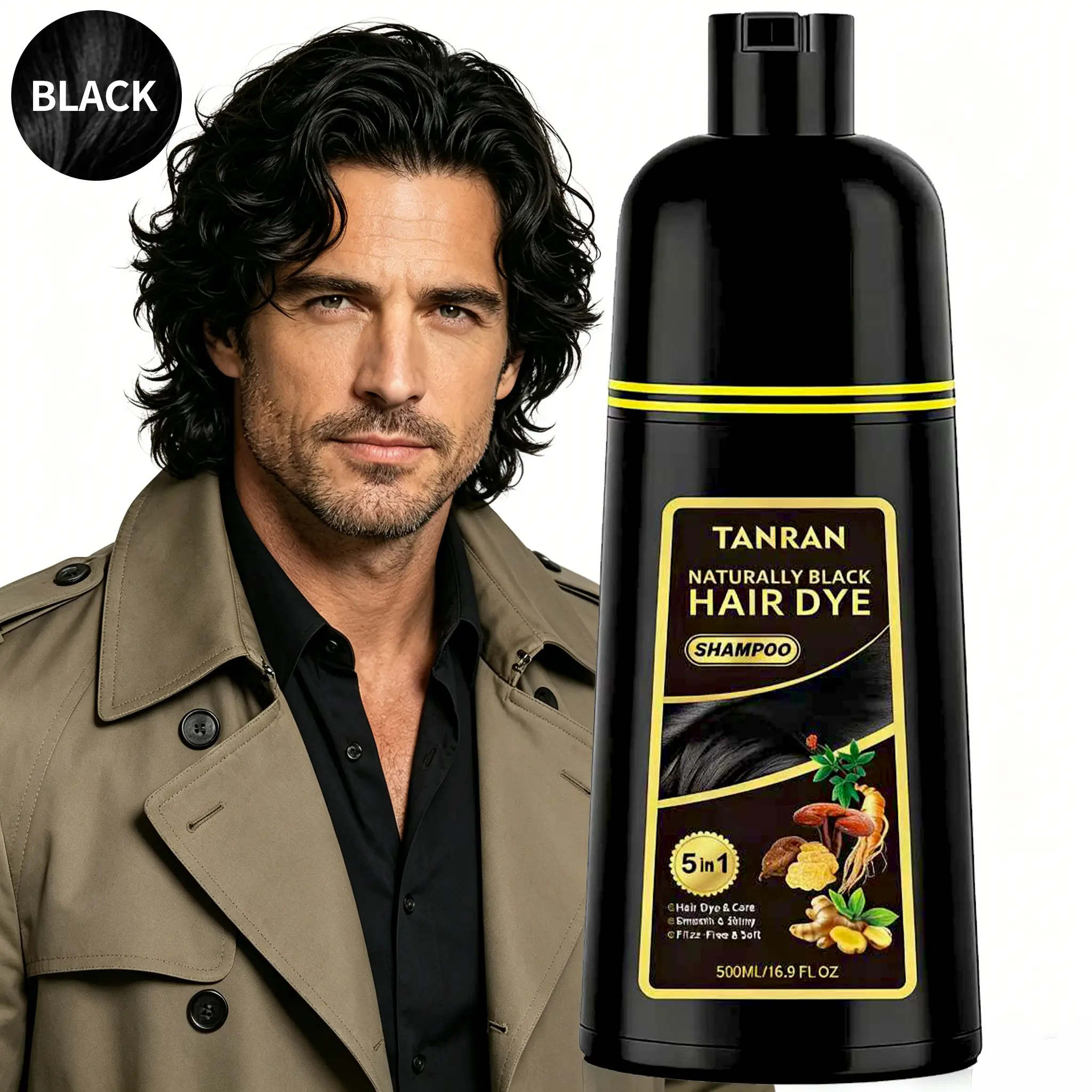TANRAN Naturally Black 5-in-1 Hair Darkening Shampoo (500ML) - Semi-Permanent Hair Color Cleanser for Adults, Pure Herbal Plant Formula Haircare, Gentle Scalp Care, Instant Grey Coverage, Conditioner & Frizz-Free Results