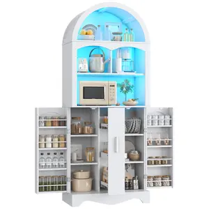 75-Inch Arched Pantry with Microwave Shelf & LED Lighting | Tall Storage Cabinet with Drawer & Adjustable Shelves | Freestanding Kitchen Cupboard for Multi-Room Organization