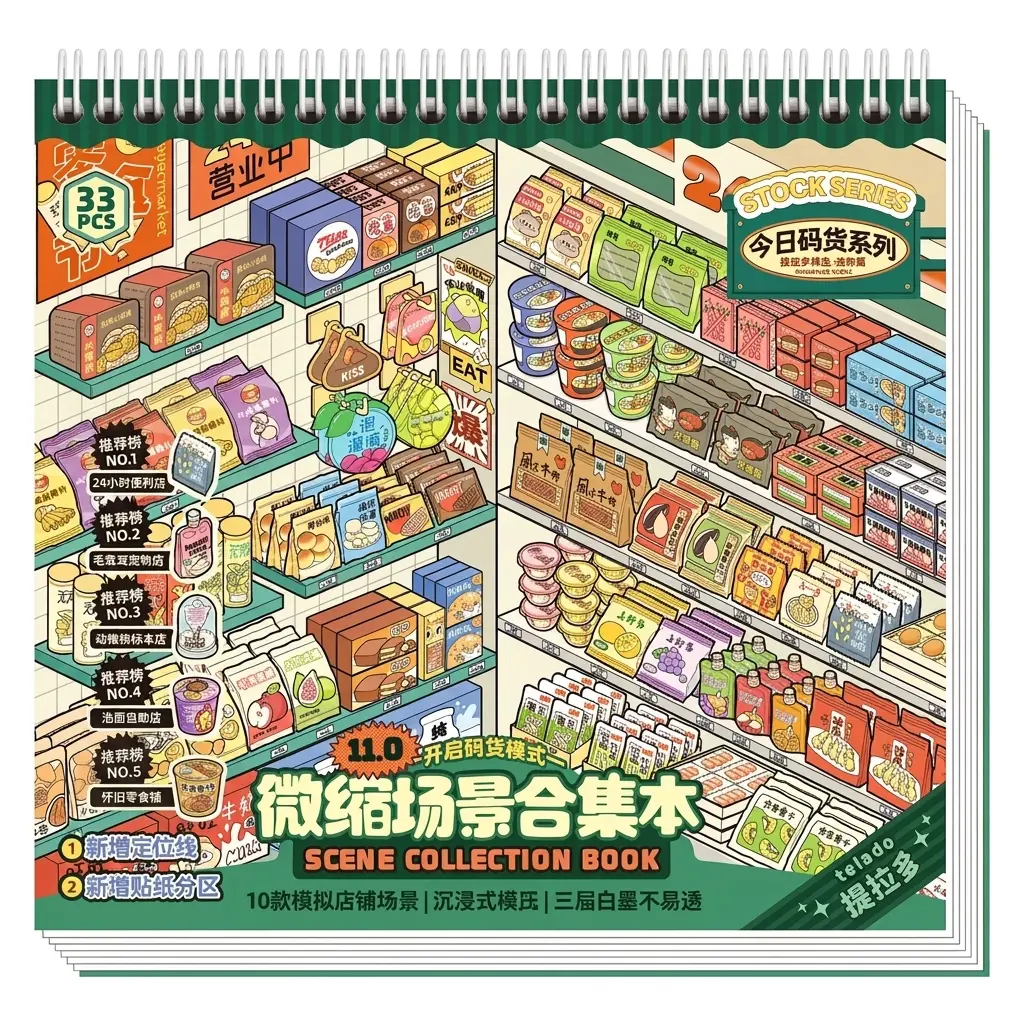 Barcode Wave 2 Mini Store Christmas Stocking Micro Scene Sticker Book, includes 10 realistic indoor simulated scenes, waterproof pre-cut food, hardware, and bathroom prop stickers, 3D stacked craft set (includes tweezers).