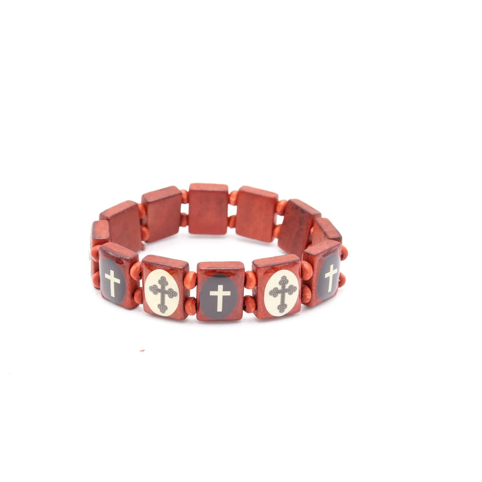 4 PCS Wood RED Bracelet Crosses Bead Stretch Holy Land Jerusalem