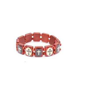 4 PCS Wood RED Bracelet Crosses Bead Stretch Holy Land Jerusalem