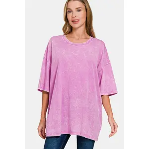 Zenana Full Size Washed Round Neck Drop Shoulder Oversized T-Shirt
