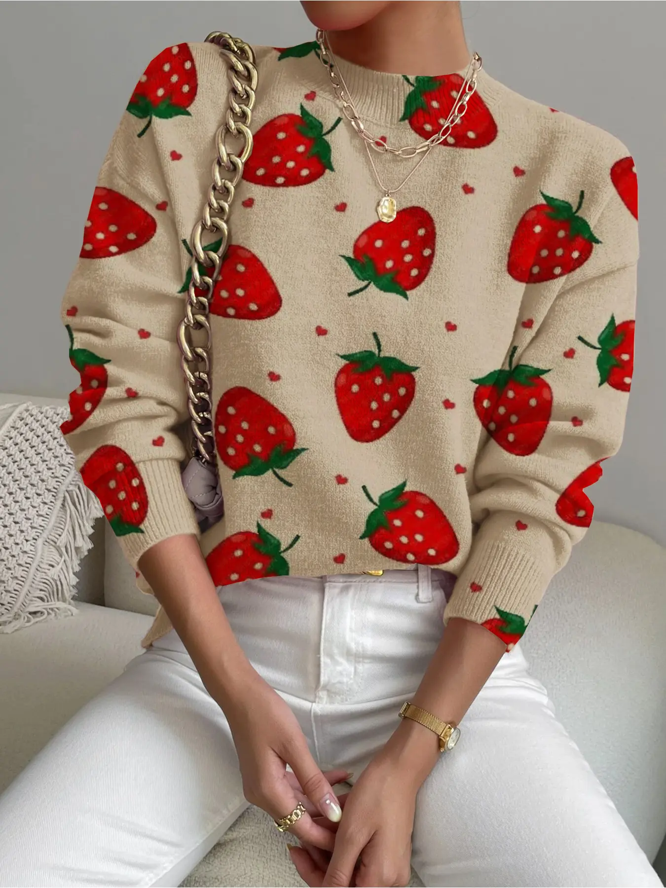 Women's Heart Strawberry Fruit Print Stand Collar Fitted Knitting Sweater, Casual Long Sleeve Knitwear for Fall Winter, Comfortable Warm Daily Wear