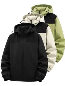 Men's Plain Waterproof Windproof Drawstring Zip Up Hooded Jacket by CCCMAI, Casual Long Sleeve Zipper Pocket Design Outerwear for Outdoor Activities, Men's Clothing for All Seasons, Menswear