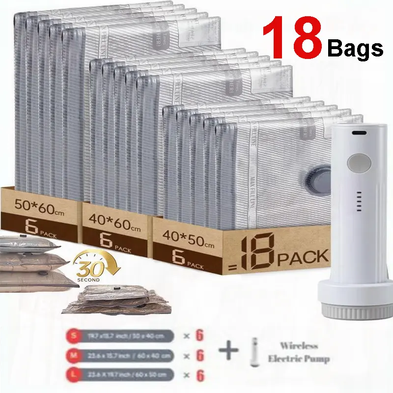Reusable space saver,Vacuum Storage Bags for Travel with Rechargeable air Pump, 9/18 Pack Carry-on Size Compression bags,Packing for Luggage and Suitcase, space-saving organizer,Cordless Travel Vacuum Bag Set, sealer clothes, airtight dust . tiktokshopspr