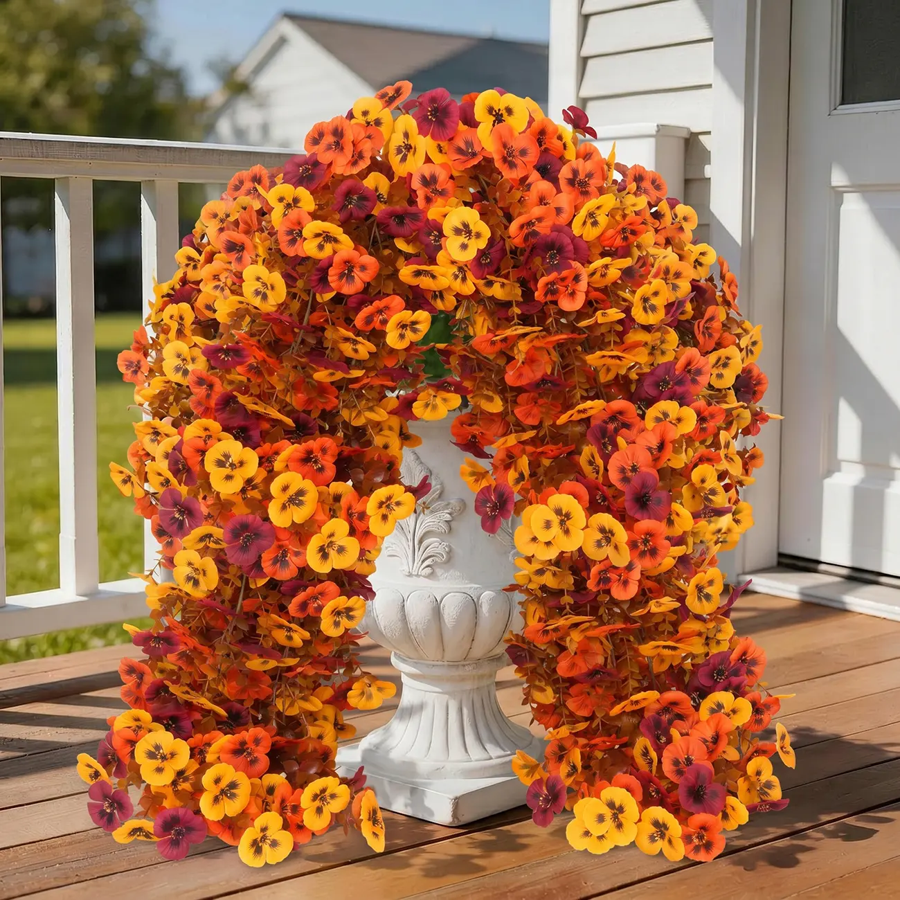 8Pcs UV Resistant Artificial Hanging Flowers, Faux Silk Pansy with Eucalyptus Leaves, Realistic Fake Plants for Outdoor Indoor Planter, Porch Patio Yard Fall Autumn Home Decor