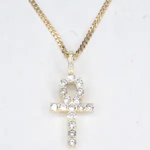Gold Diamond Ankh Necklace - Elegant Design with Center Stone and Simple Chain