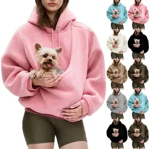 Autumn and Winter Solid Color Hooded Plush Pet Pocket Loose Pullover Sweatshirt for Women Fashionable Warm Cold Resistant Polyester,Gift