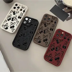 Elegant Black Bow Cherry Pattern Printed Case for iPhone 17 16 Pro Max 15 Pro 14 13 12 Mini 11 XR XS Plus E Soft TPU Shockproof Protection Rugged Durable Back Silicone Cover Best Festival Gift