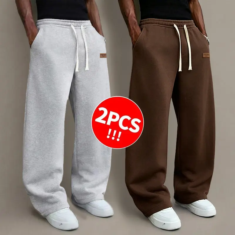 2pcs men’s warm wide leg sweatpants for fall/winter, thick casual pants