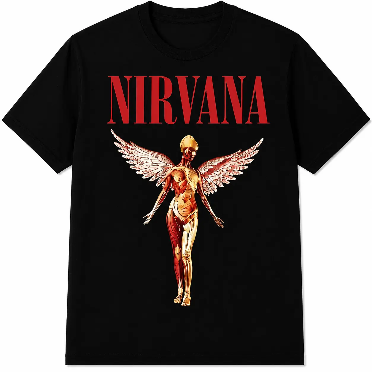 Men's Baggy 100% Cotton Nirvana Inspired Anatomical Angel Graphic T-Shirt, Pink/Golden Biker Vibe Gothic Streetwear Winged Figure Vintage Rock Band Sports Top, Thick, Menswear, Shiny, Oversized, Metallic, Shortsleeve, Ripped, Fabric, Unisex Fit