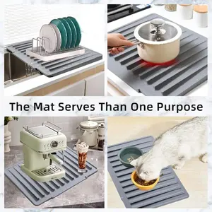 Extra Thick Silicone Kitchen Drying Mat, Anti‑Slip Waterproof Sink Drain Pad with Drainage Design, Easy-Wash Roll-Up Mat for Dishes & Counter Protection
