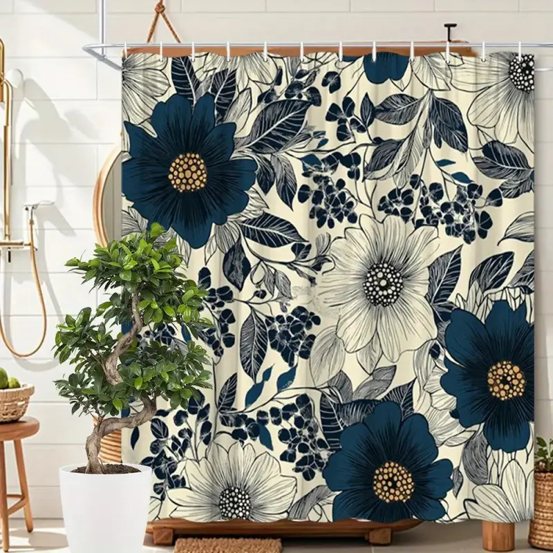 Vintage Navy Blue Floral Shower Curtain for Bathroom, Beige Polyester Fabric with Botanical Design, Machine Washable