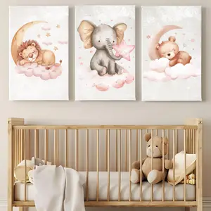 Nursery wall art animals, pastel pink nursery, baby girl nursery, pastel pink, baby room decor, bear, elephant, lion, animal prints on clouds