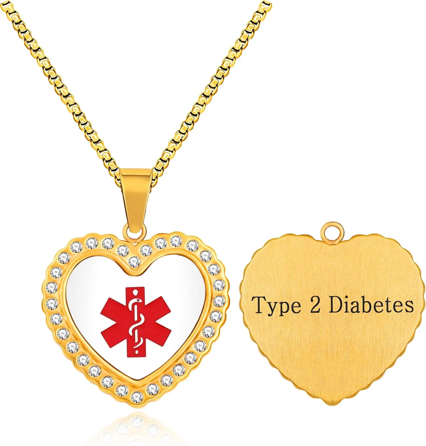 Custom Medical Alert Necklace Heart Pendant Gold Engraved