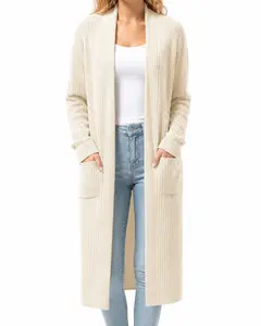 Cream Longline Knit Cardigan – Open Front Duster with Pockets