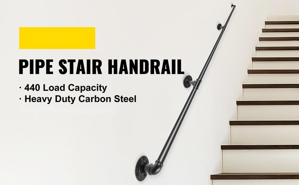 Pipe Stair Handrail, 9 Ft Staircase Handrail, 440 Lbs Load Capacity Carbon Steel Pipe Handrail, Industrial Pipe Handrail With Wall Mount Support, Round Corner Wall Rails For Indoor And Outdoor Use