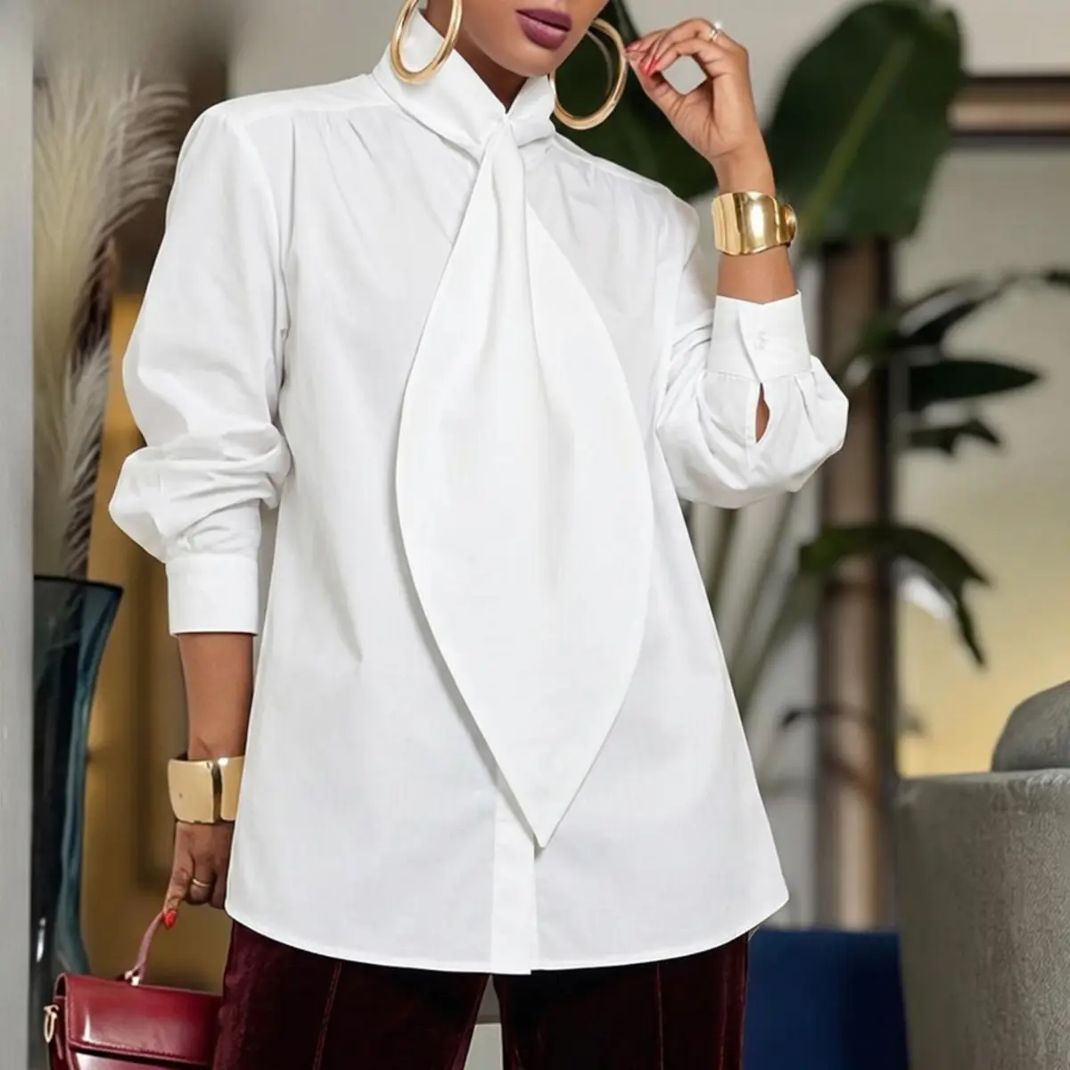 Women's Minimalist Tie Neck Blouse, Soft Long Sleeve Loose Fit Top for Comfy Casual Everyday Wear, Plus Size Available, Longsleeves, Cool Long Sleeves, High Neck Adds Graceful Coverage, Fitted Shape Flatters With Ease, Loose Fit Lets You Move Freely