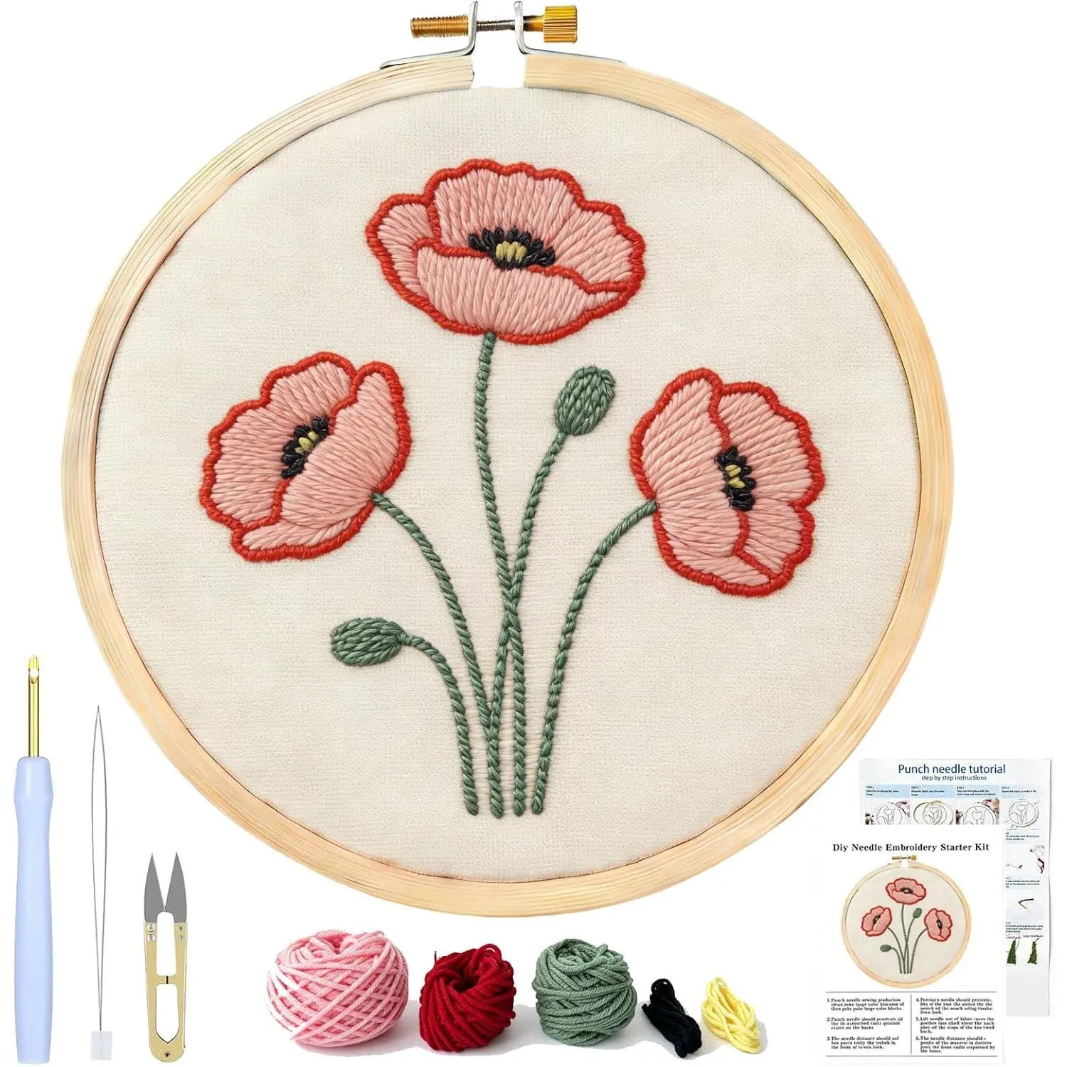 Punch  Kit For Beginners,Adults  Punch Starter Kit Easy, Embroidery Punch Needling Kits,DIY Punchneedle Kit  Supplies With 8 IN Wooden Hoop/Patterns/Yarns/Instruction (06-Water Lily)
