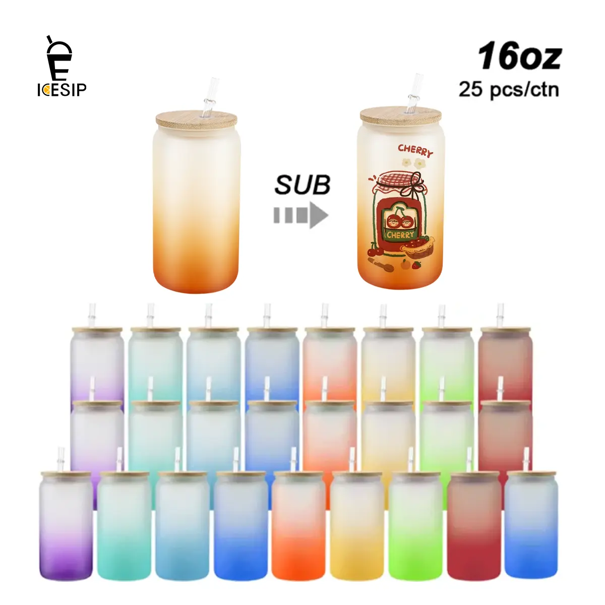 ICESIP 25pcs/ctn 16oz Gradient Frosted Sublimation Plastic Glass Tumblers for Adults - Reusable Cups with Bamboo Lids & Straws, Festive Home Supplies, Washable Iced Coffee Mugs for Thanksgiving Gifts