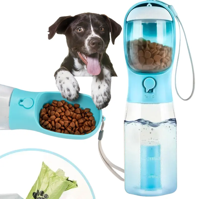 3-in-1 Dog Water Bottle 20oz, Portable Leak-Proof Pet Water Dispenser with Poop Bag Dispenser & Bowl, Travel Accessories for Walking Hiking Outdoor