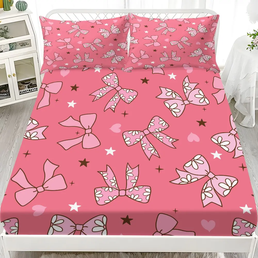 3pcs Bedding Set (1 Fitted Sheet + 2 Pillowcases), Bow Heart Star Pattern, Valentine's Day Gift, Breathable Polyester, Cute Bedding, Bed Sheets Set, Bed Sets, Bedsheets