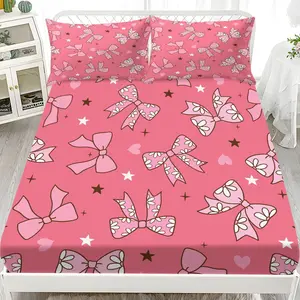 3pcs Bedding Set (1 Fitted Sheet + 2 Pillowcases), Bow Heart Star Pattern, Valentine's Day Gift, Breathable Polyester