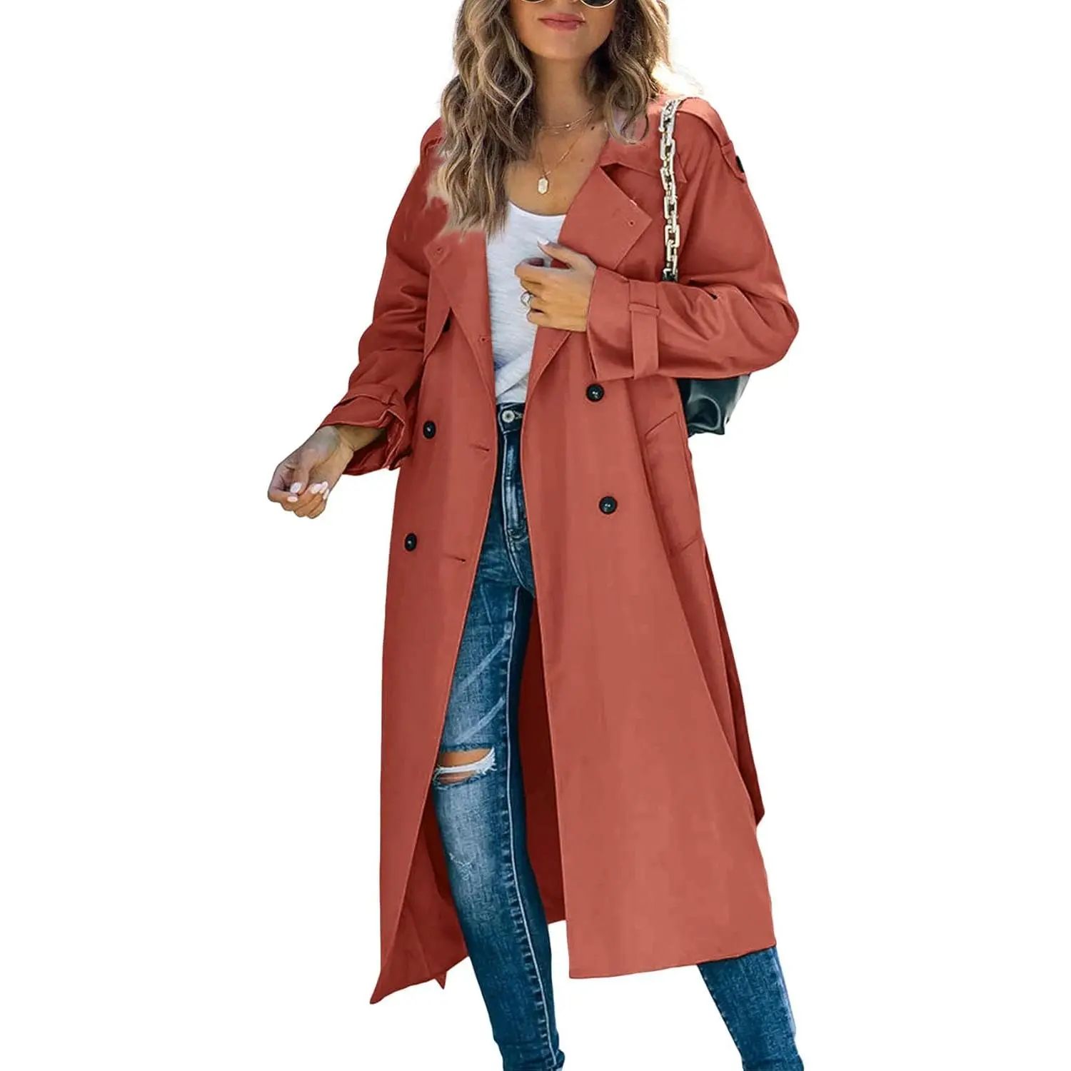 PASLTER Lady's Fitted Double-Breasted Long Trench Coat - Windproof Classic Lapel Outerwear with Belt, Casual Jackets for Women, Long Sleeve