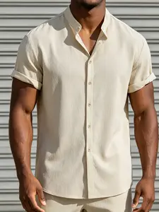 Men's Beige Stand Collar Short Sleeve Button-Up Shirt, Casual Collared Shirt, Ultra-Soft Textured Breathable Fabric, Relaxed Fit, Casual Loose Fitted for Daily Outings, Commuting, Street Style & Summer Casual Wear
