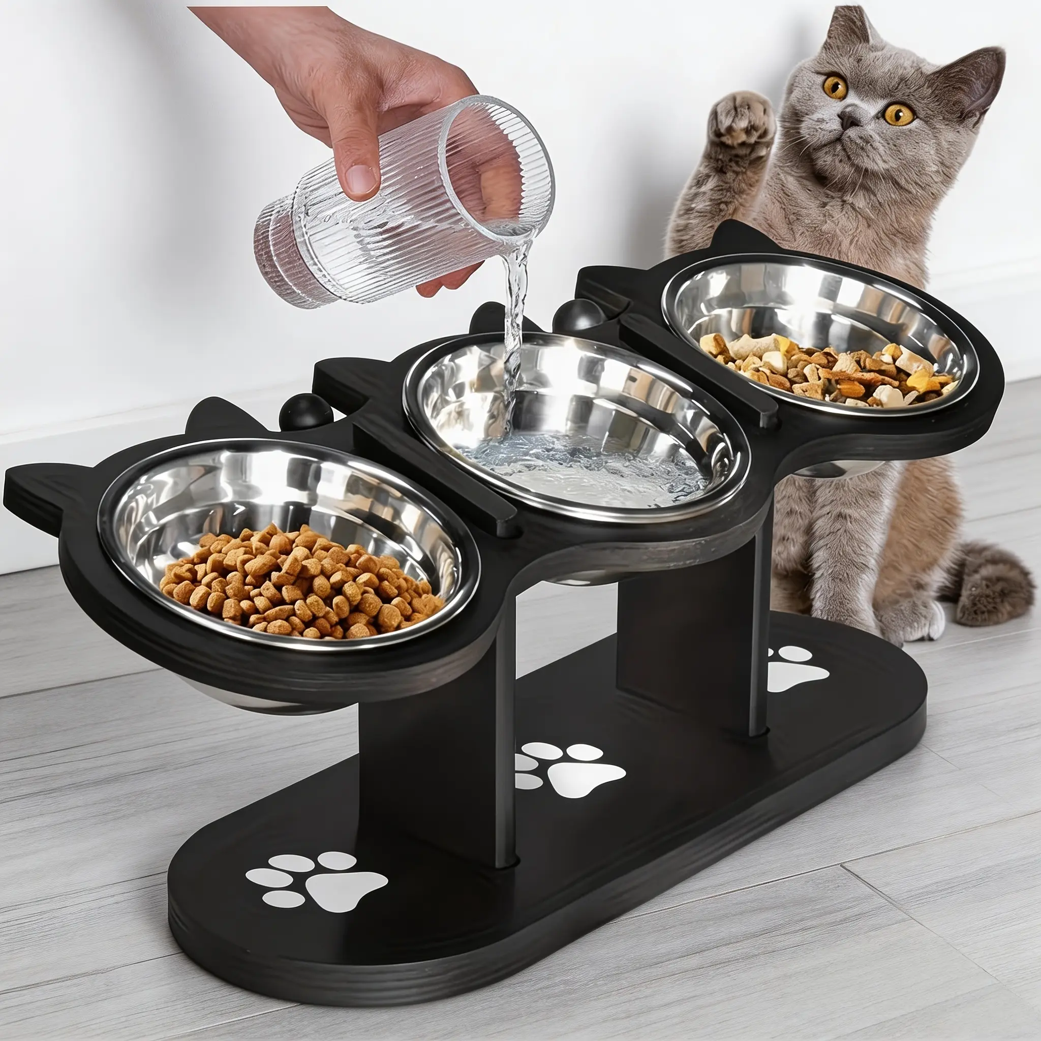 Cat Food Bowl Rack, Pet Feeder, 15° Angle Elevated Cat Food Bowl Lift Stand, Non-Slip Raised Cat Bowl, 3-Piece Stainless Steel Set with Adjustable Height (Black)