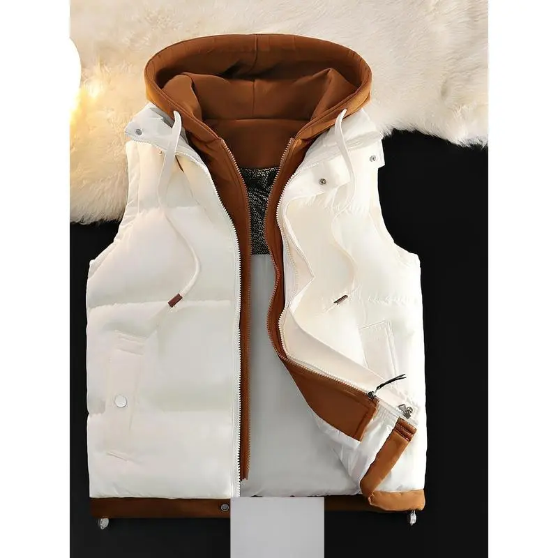 Luxury simulation two-piece vest jacket sleeveless, hooded, zippered jacket, suitable for autumn and winter | Machine washable men's top vest beige