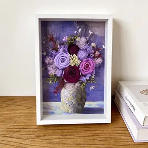 Purple Preserved Rose Flower Frame, 100% Real Flowers, Aesthetic Room Decor 3D Shadow Box for Bedroom, Living Room, Desk & Home Display
