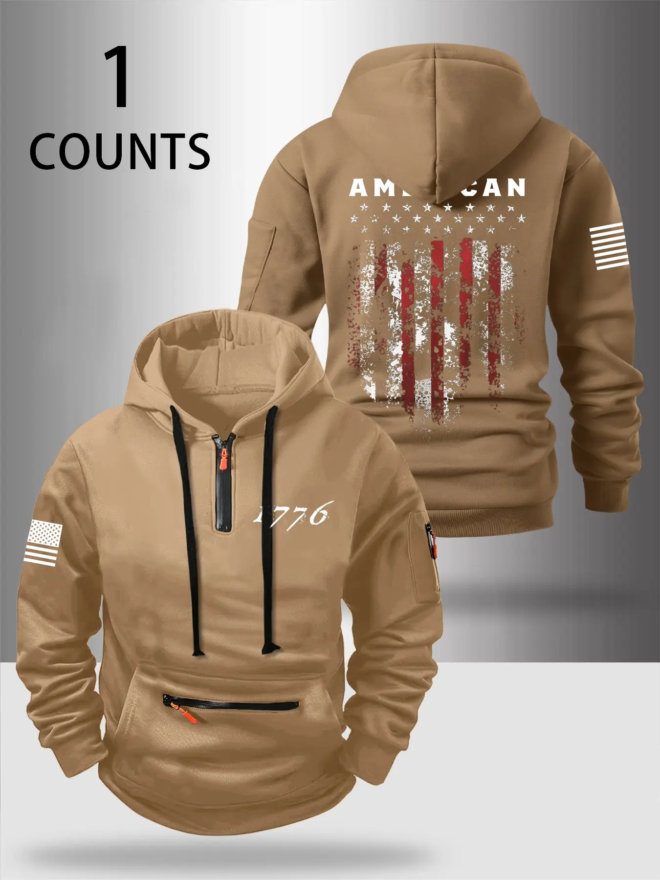 Autumn Winter Design Zipper Thick Casual Sweatshirt Hoodie, Graphic Print Hoodie, Patriotic 1776 Broken Flag Print, Casual Fashion Sportswear for Outdoor Leisure