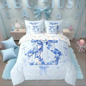 Feelyou 7-Piece Ultra Soft Blue Bow Comforter Bed Set - Multi-Size Coquette Aesthetic Bedding with Floral Letter, Bowknot Quilt, Groovy Spring Flower Design for Teen Girls, Bedsheet Sets, Soft Fluffy Blanket