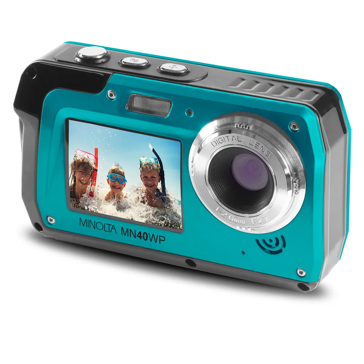 Minolta MN40WP Digital Point-and-Shoot Camera - 48MP, QHD Recording, Dual LCD Screen, Waterproof, Blue Lens, Memory Card Compatible Device, Selfie