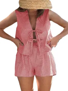 Summer New Casual Fitted Set Women's Fashion Gingham Sleeveless Belted Cardigan Shorts Two-Piece Set Outfit, Stylish and Comfortable, Perfect for Daily Wear, Casual Matching Set
