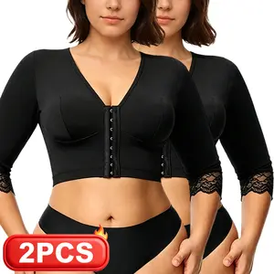 Women's 2PCS Nylon Fabric Arm-Shape Compression Shapewear Underwear, Minimalist Basic Post-Surgery Support Bra with Sleeves, Hook Closure Black Activewear