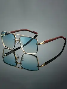 New Trendy Unique Dual Bridge Metal Frame Wood Grain Finish Square Sunglasses, Casual Business Daily Wear, Stylish Eyewear for Men and Women
