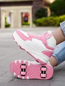 Kids' Two-In-One Four-Wheel Roller Shoes, All- High Top Sneakers, Detachable Hidden Wheels, Velcro Laces, Thick Sole, Anti-Slip, Durable