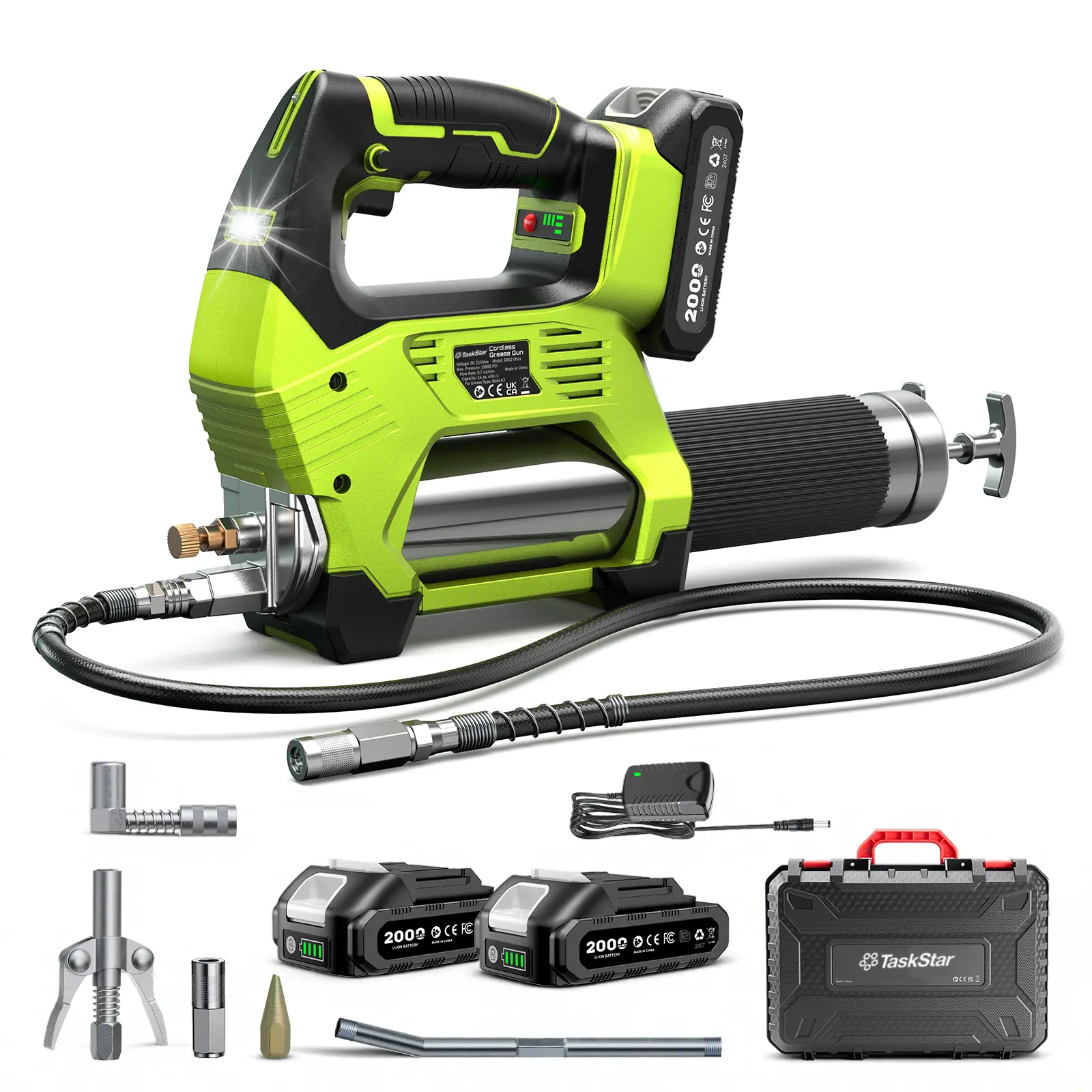 Taskstar 12000PSI Wireless Electric Grease Gun - 3-Speed Power Tool with Brushless Motor, Dual 2.0Ah Batteries, LED Light, High Pressure for Industrial Heavy-Duty Use