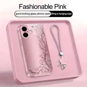 Suitable for [iPhone 16] high-end women's phone case🥰，a beautiful four-leaf clover lanyard is included🍀，minimalist, sophisticated floral pattern YM99